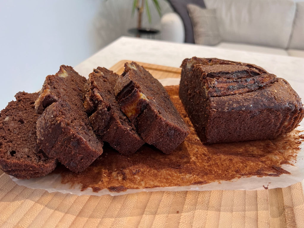 Chocolate banana bread cooked in an air fryer and sliced up