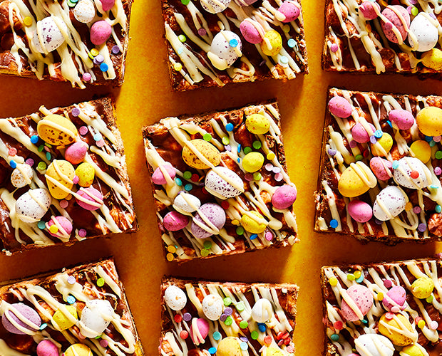 Easter rocky road cut in squares topped with Easter eggs