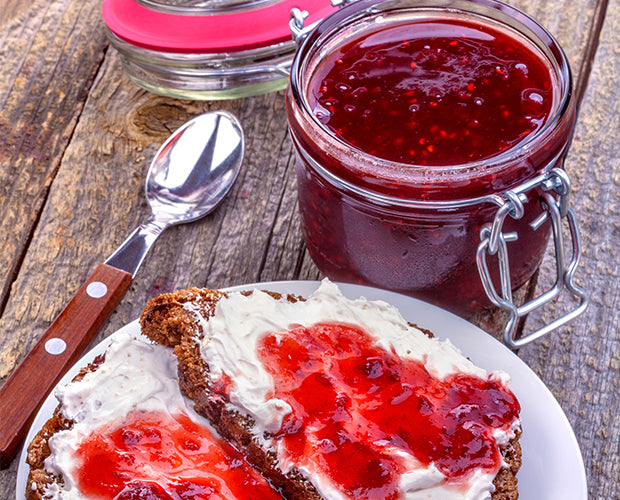 Raspberry jam on toast at breakfast