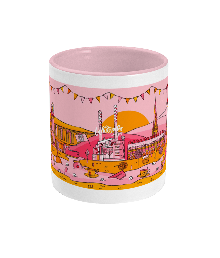 Image of printed mug featuring Whitworths Sugar factory and other Yorkshire landmarks