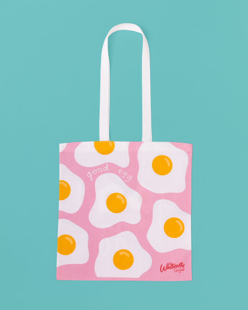 Flat lay of Pink Good Egg Tote Bag