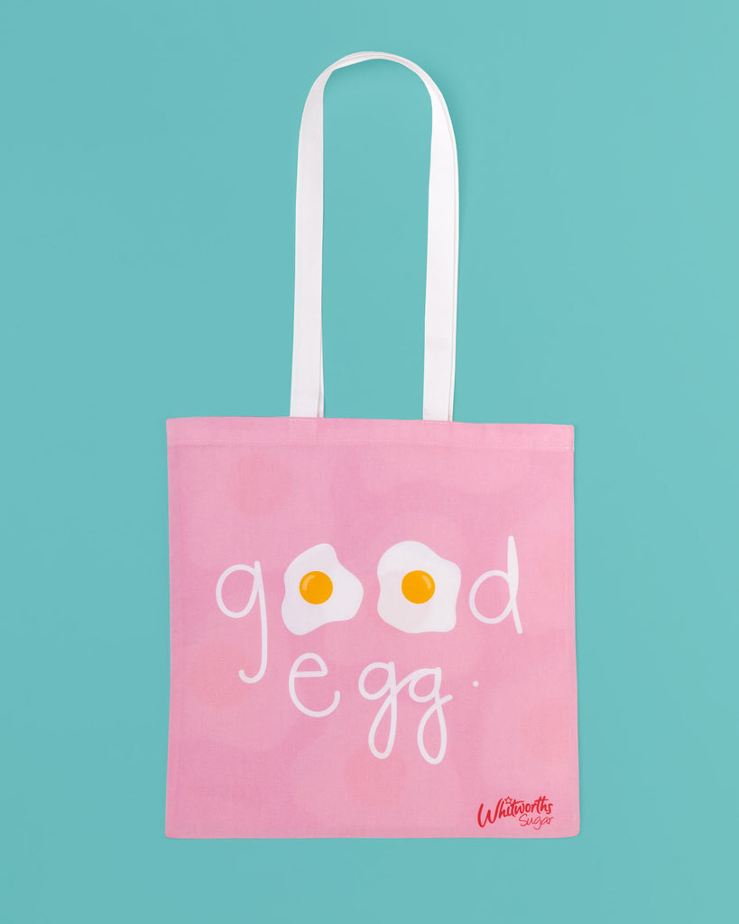 Flat lay of Pink Good Egg Tote Bag