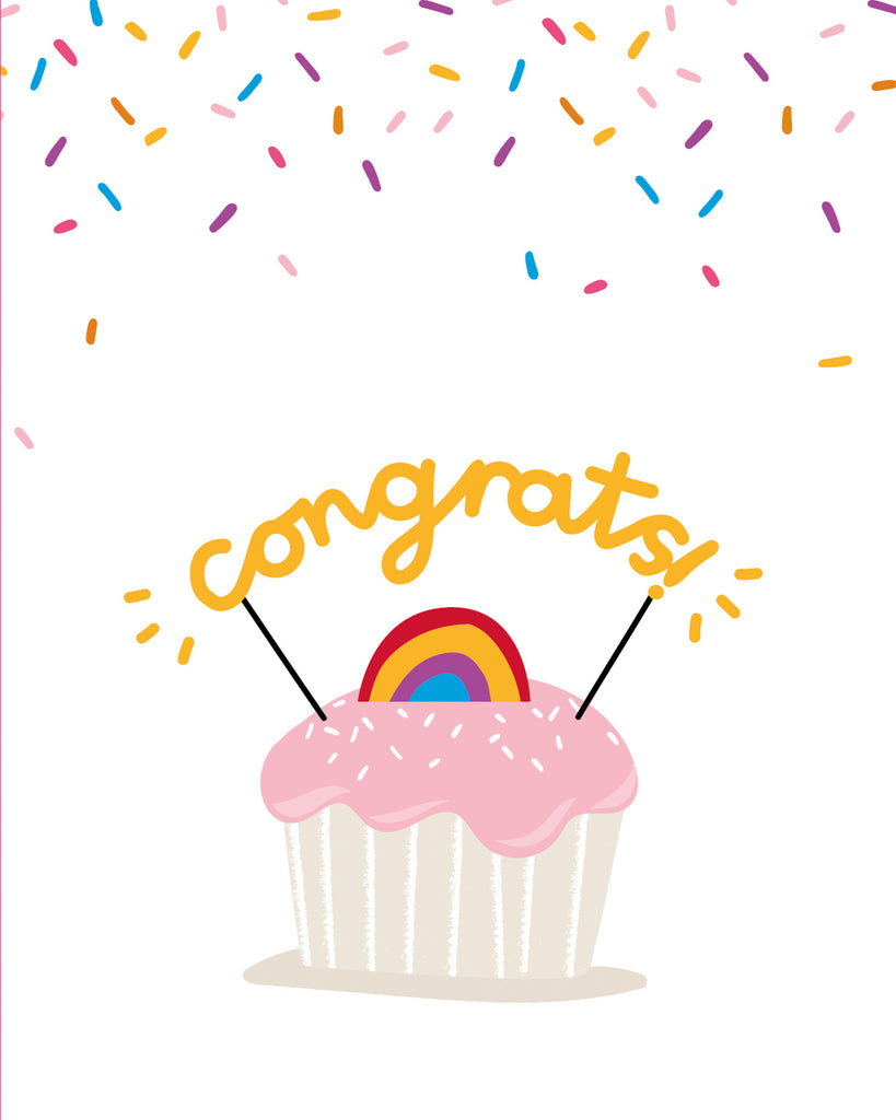 Greeting card with Congrats message topping cupcakes