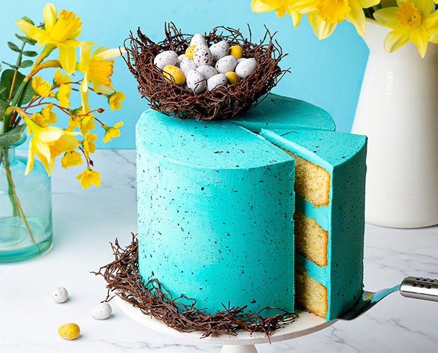 blue speckled egg cake topped with a nest of chocolate eggs