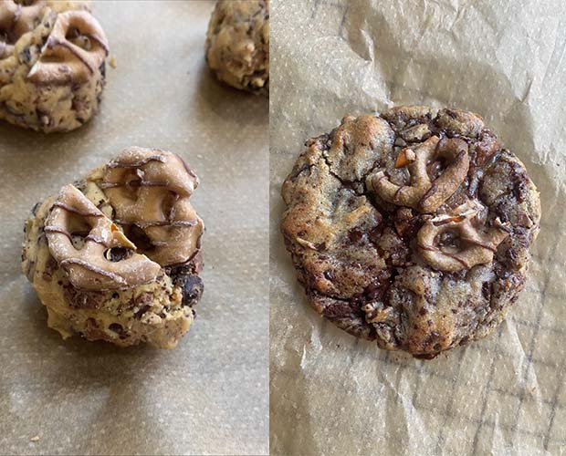 Large gooey, chewy cookies made with caramel Daim chocolate and topped with peanut butter and chocolate dipped pretzels