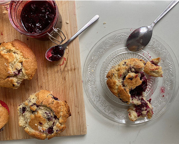 Fresh blackberry muffins with a homemade blackberry jam centre