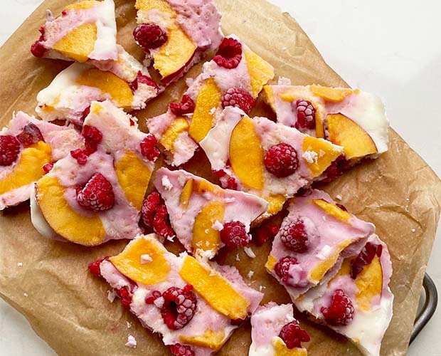 Vanilla and raspberry yogurt marbled together and chilled into a bark, topped with fruit.