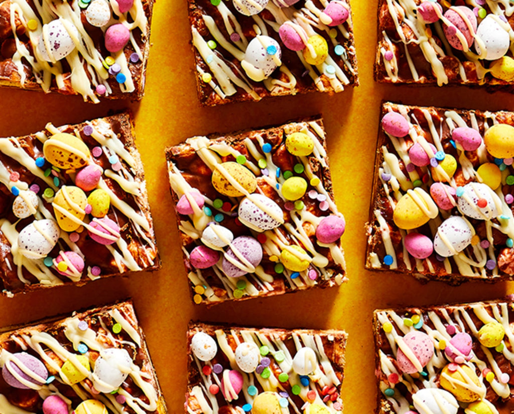 Rocky road squares topped with Easter eggs