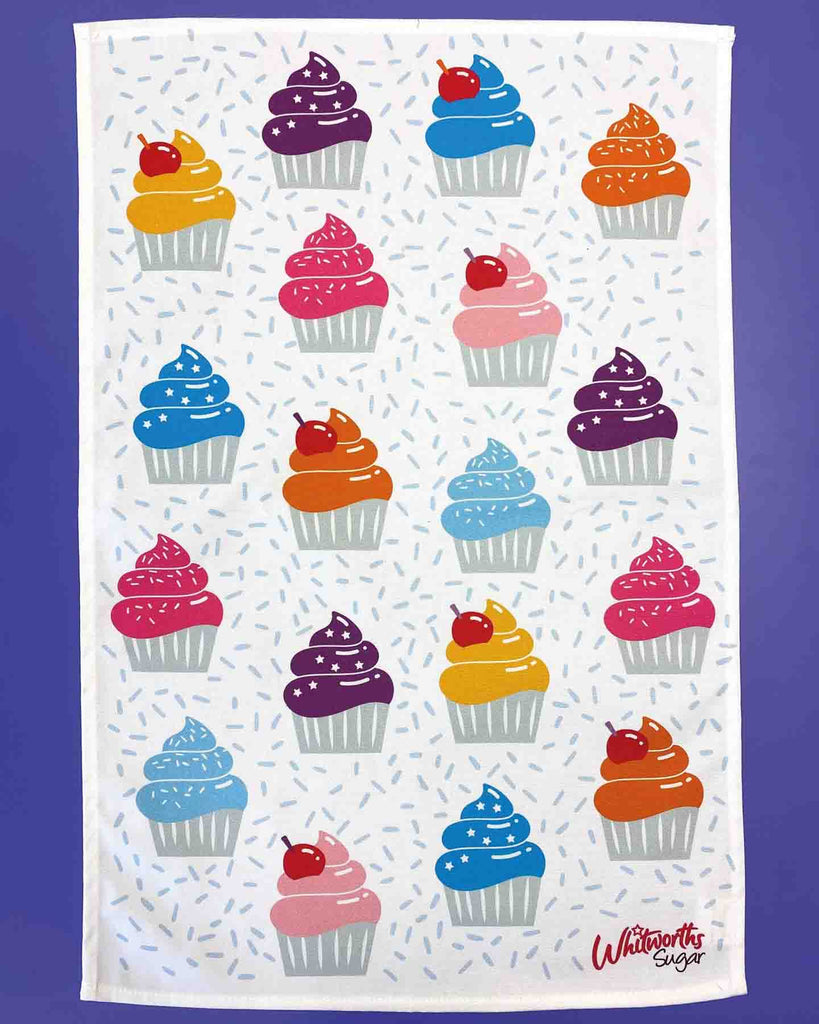 Cupcake and sprinkles design tea towel