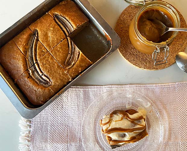 Banana bread in a tray served with miso caramel 